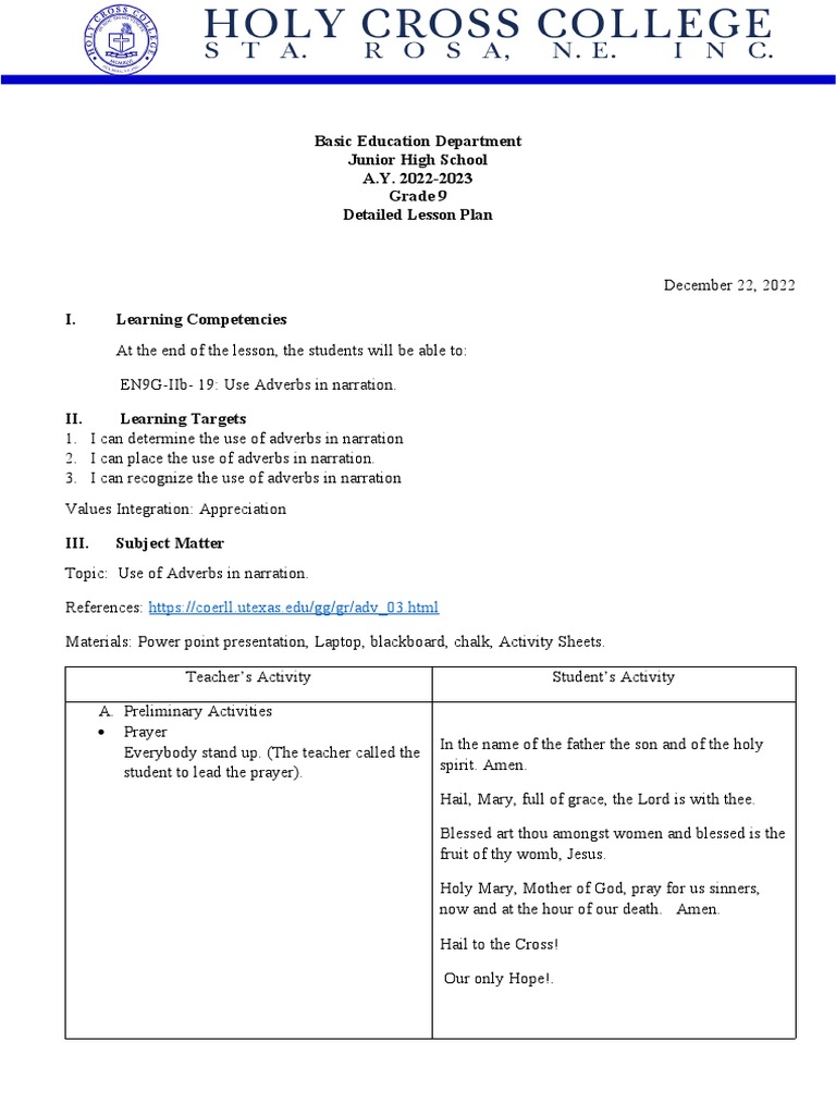 Grade 9 Adverbs Lesson Plan | PDF | Adverb | Verb