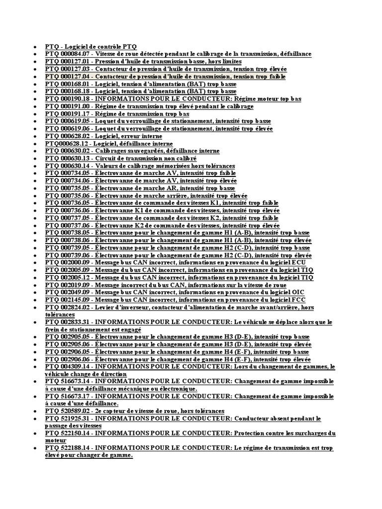 Codes d'erreur PTQ pour tracteurs | PDF | Capteur | Véhicule motorisé