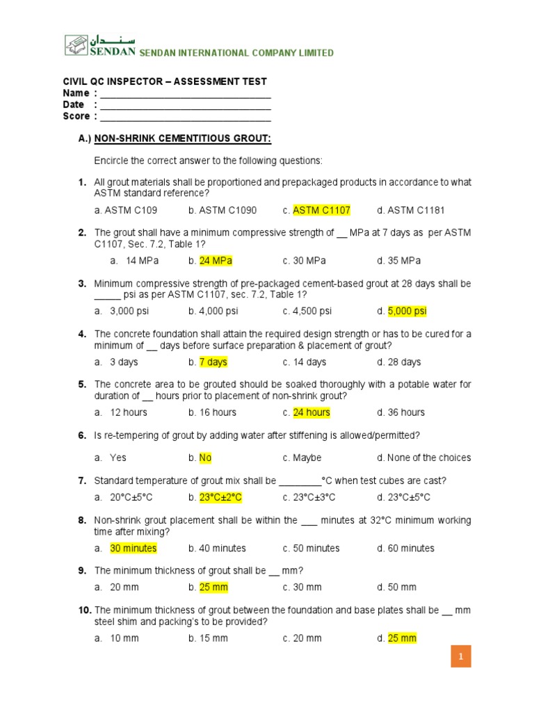 Civil QC Assessment Test Questioner (Non-Shrink & Epoxy Grout ...