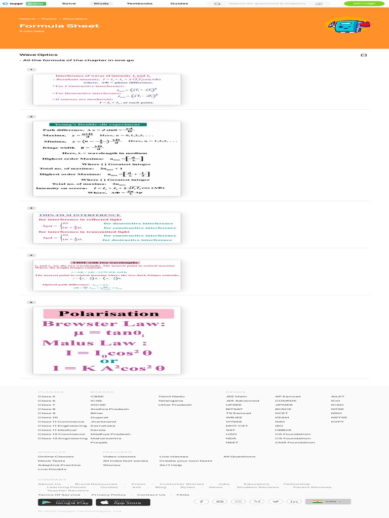 Wave Optics Formula Sheet PDF Student Assessment And Evaluation