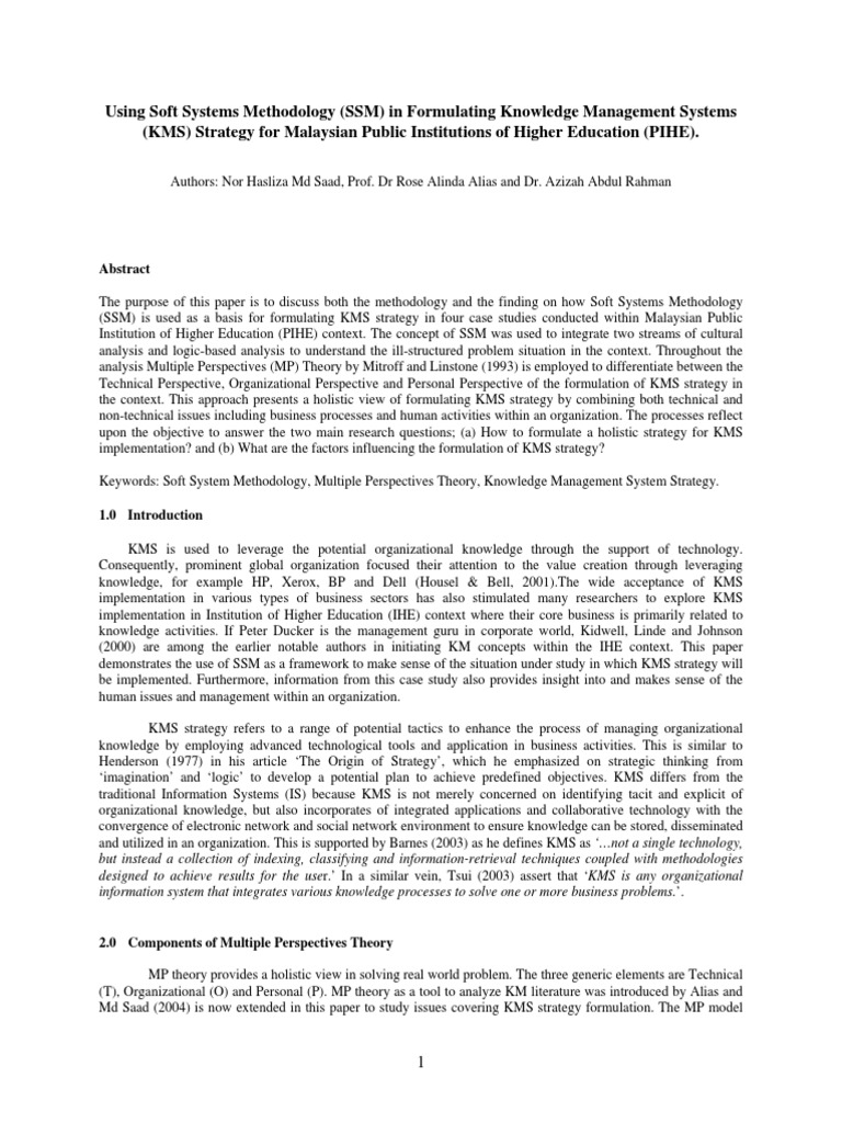 Using Soft Systems Methodology (SSM) in Formulating Knowledge Management System (KMS) PDF