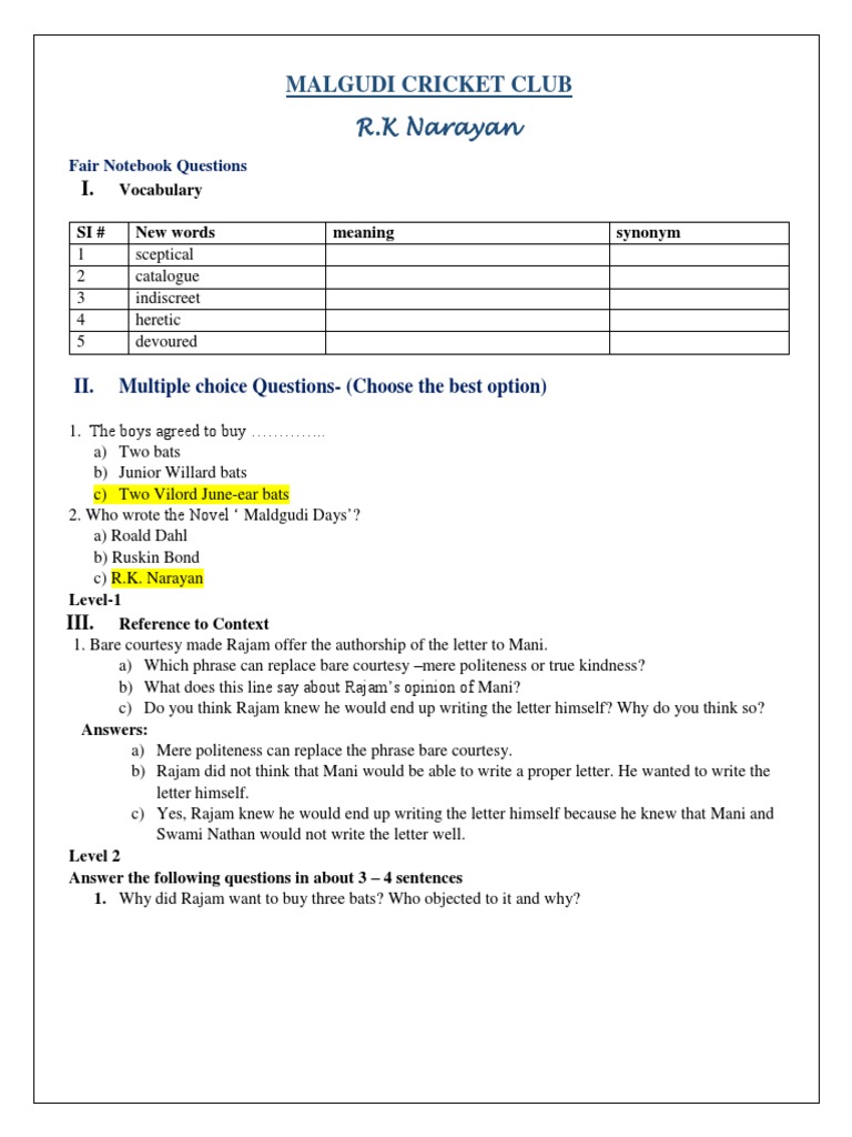 Malgudi Cricket Club - Fair Notes | PDF | Cognitive Science | Linguistics