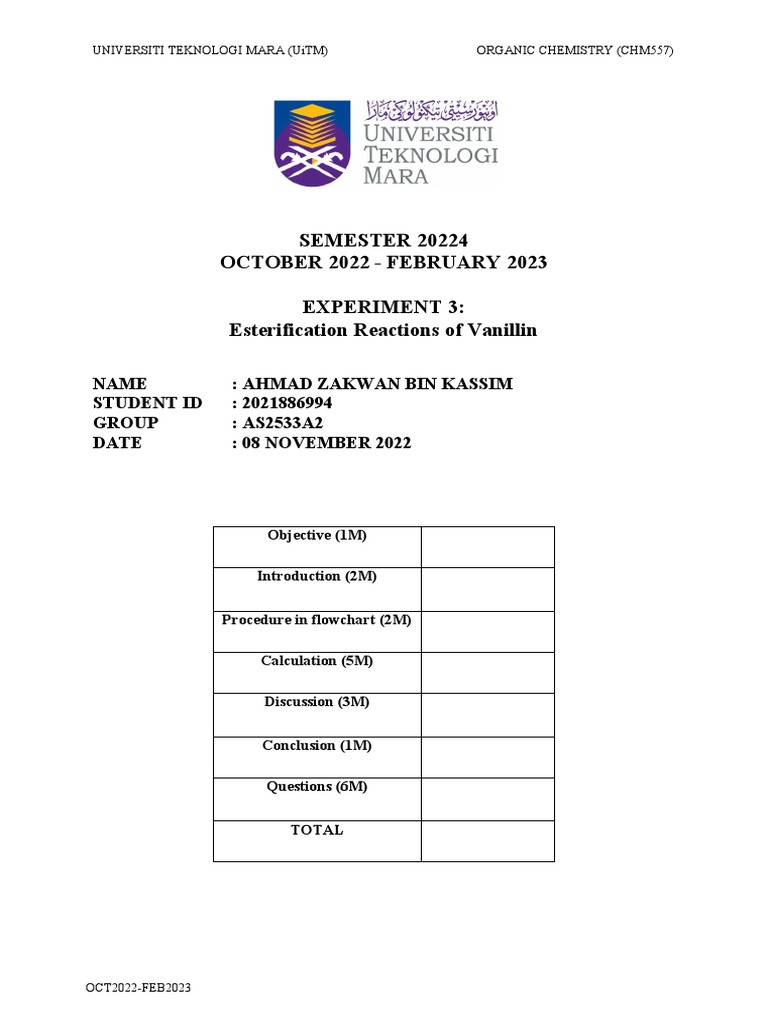 Ahmad Zakwan Bin Kassim - Lab 3 - CHM557 | PDF | Ester | Acetic Acid