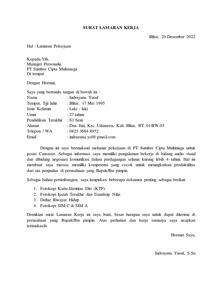 Surat Lamaran Kerja PDF Djarum Canvaser | PDF
