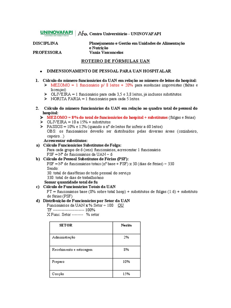 Guia de Fórmulas UAN | PDF | Férias trabalhistas | Expediente
