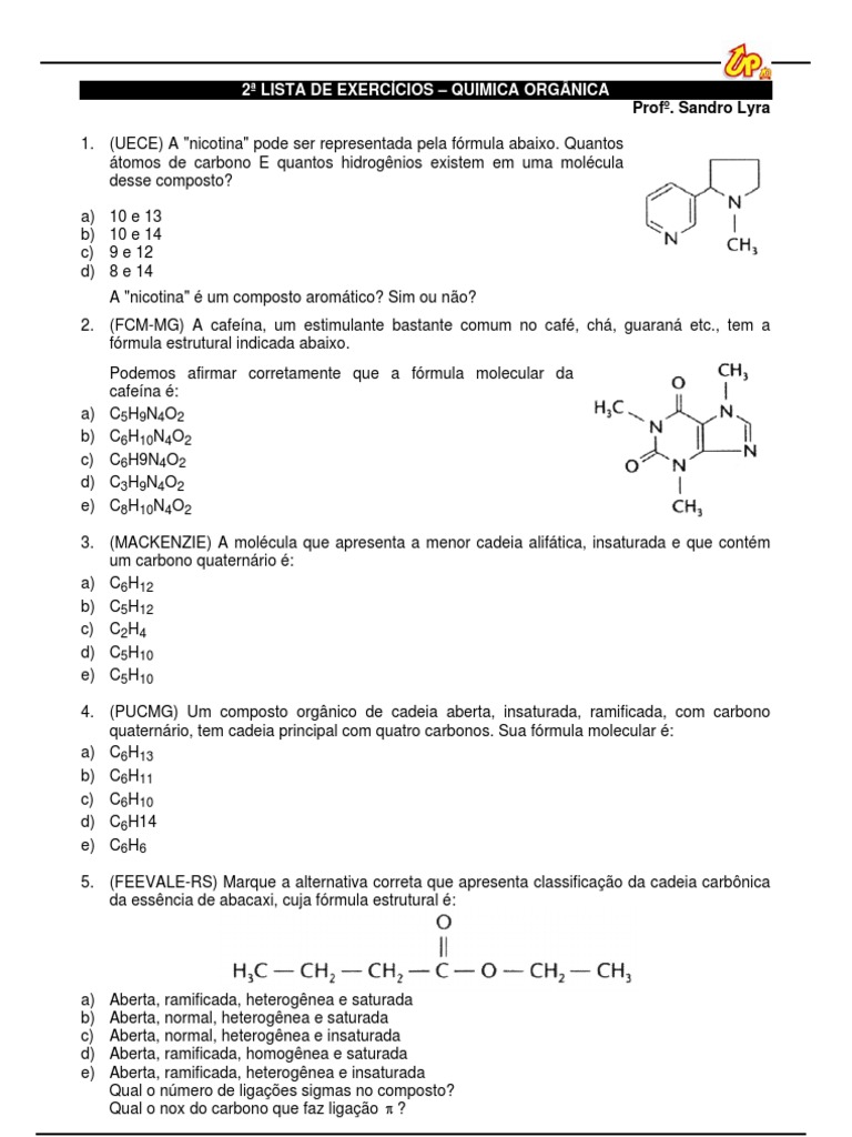 Quimica Organica - Lista de Exercicios 2 | Carbono | Substancias Químicas