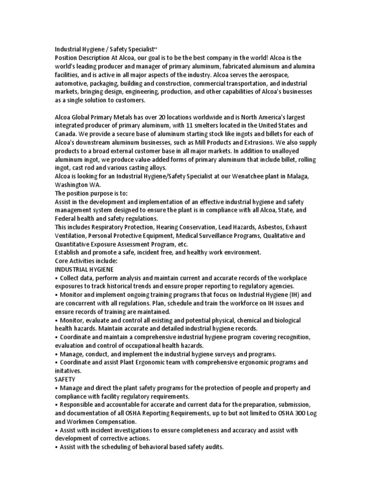 Alcoa IH Safety Specialist12.10 PDF Occupational Hygiene Alcoa