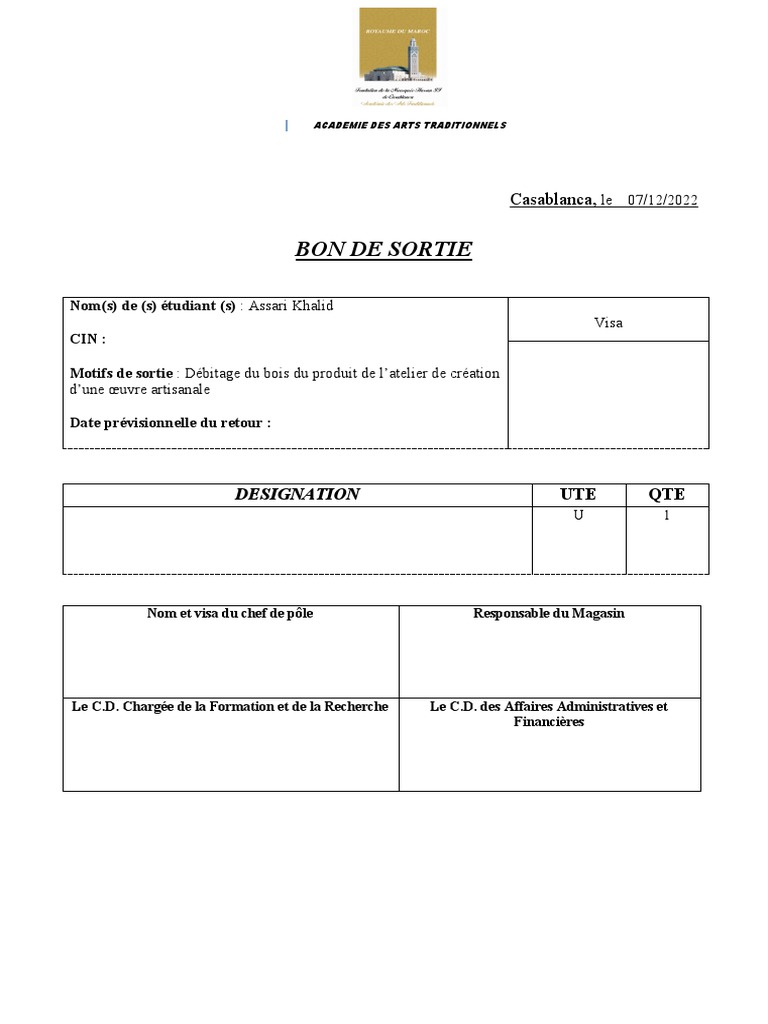 Bon de sortie pour atelier d'artisanat | PDF