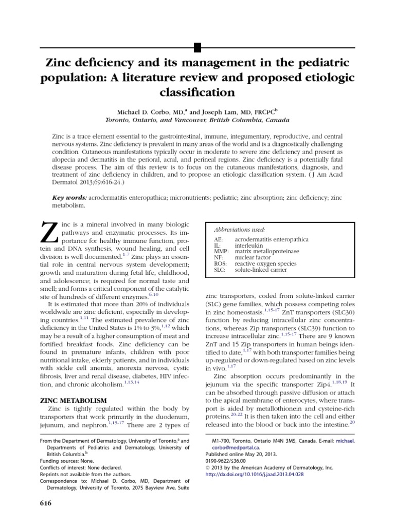 Zinc Deficiency and Its Management in The Pediatric Population A