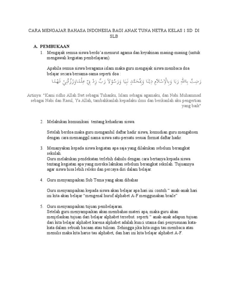 Cara Mengajar Bahasa Indonesia Bagi Anak Tuna Netra Kelas 1 SD Di SLB PDF
