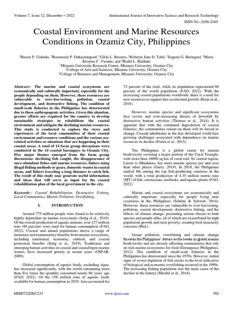 Coastal Environment and Marine Resources Conditions in Ozamiz City ...