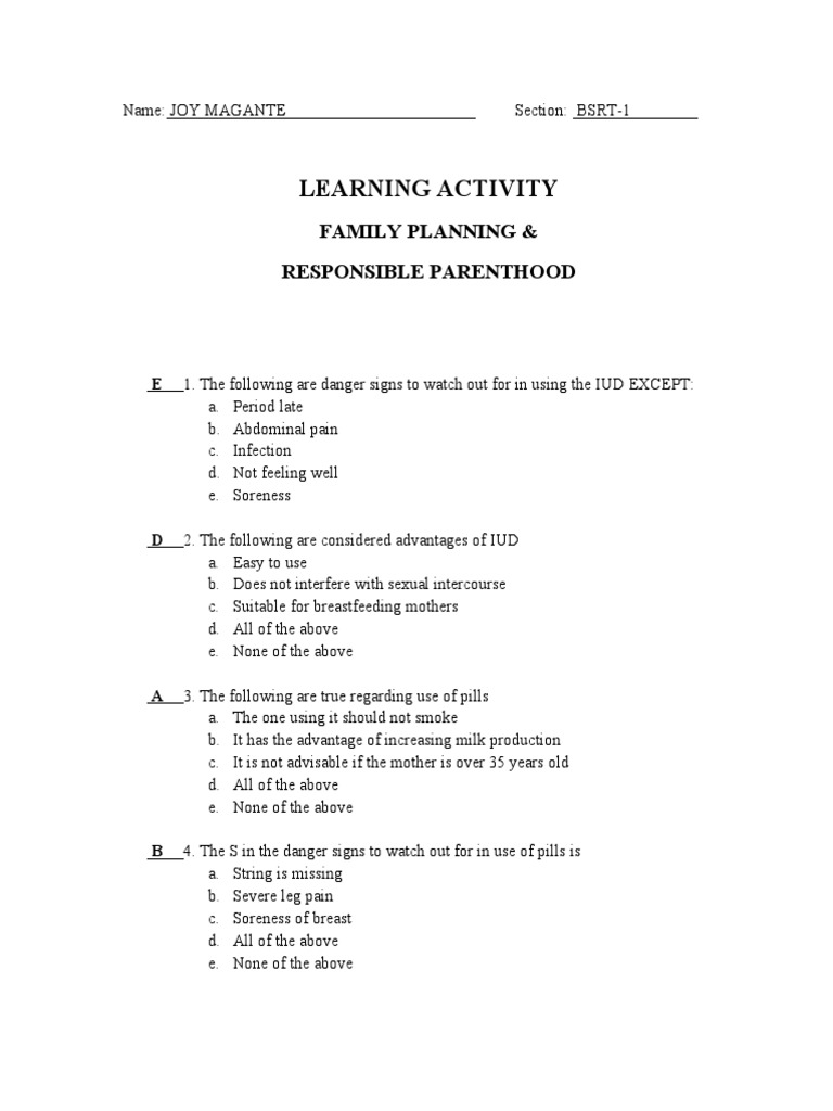 Learning Activity Family Planning and Responsible Parenthood | PDF ...