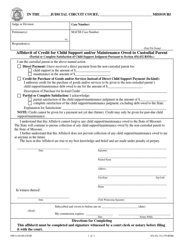 Missouri Child Support Affidavit Form | PDF | Child Support | Affidavit