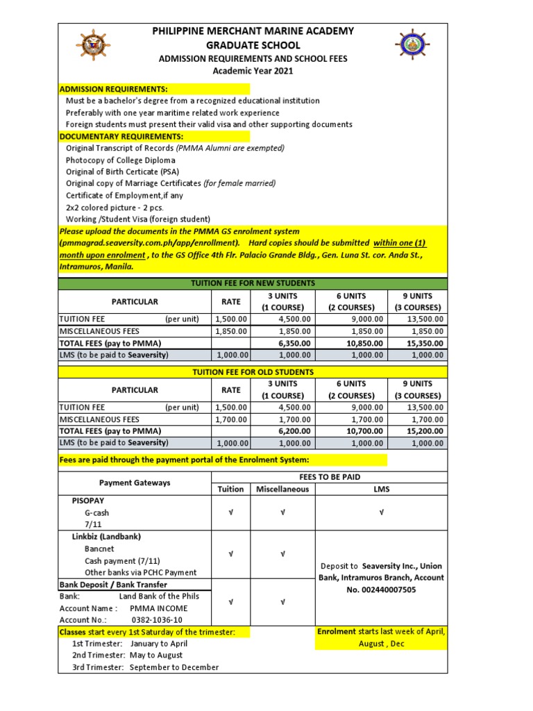 Pmma Gs Requirements and Fees July2021 PDF Tuition Payments Payments