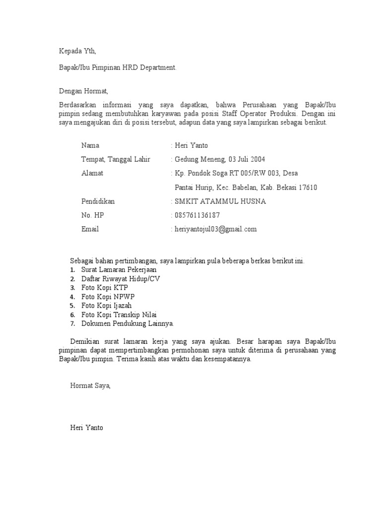 Surat Lamaran Kerja Heri Yanto | PDF