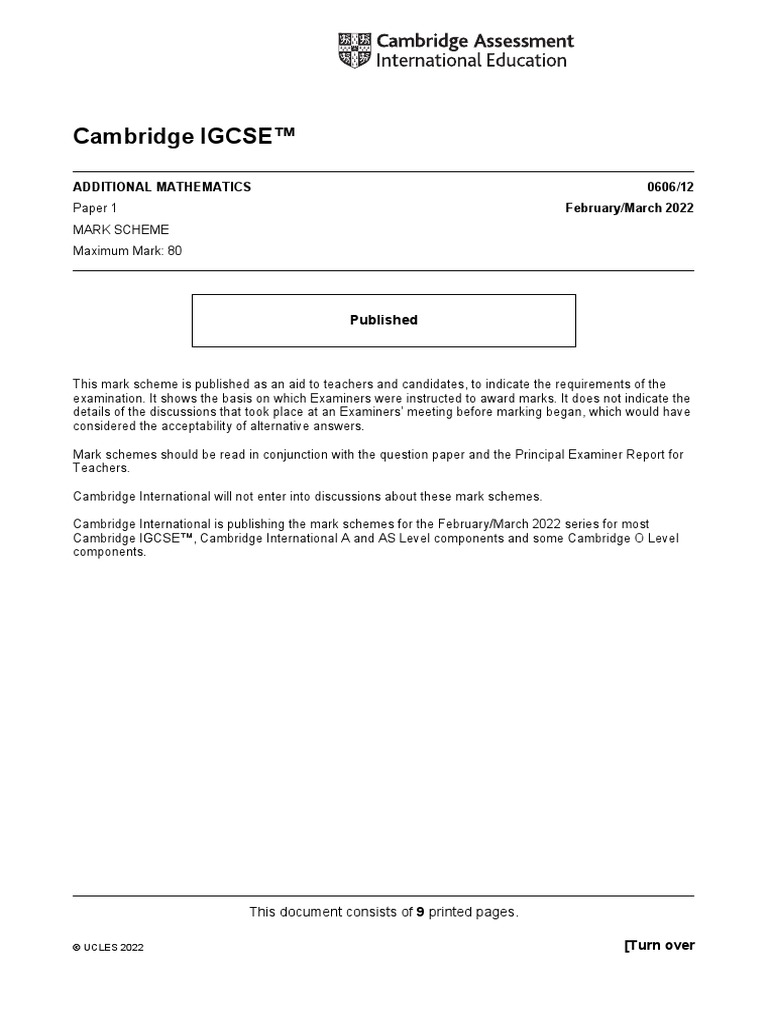 Cambridge IGCSE™: Additional Mathematics 0606/12 February/March 2022 ...