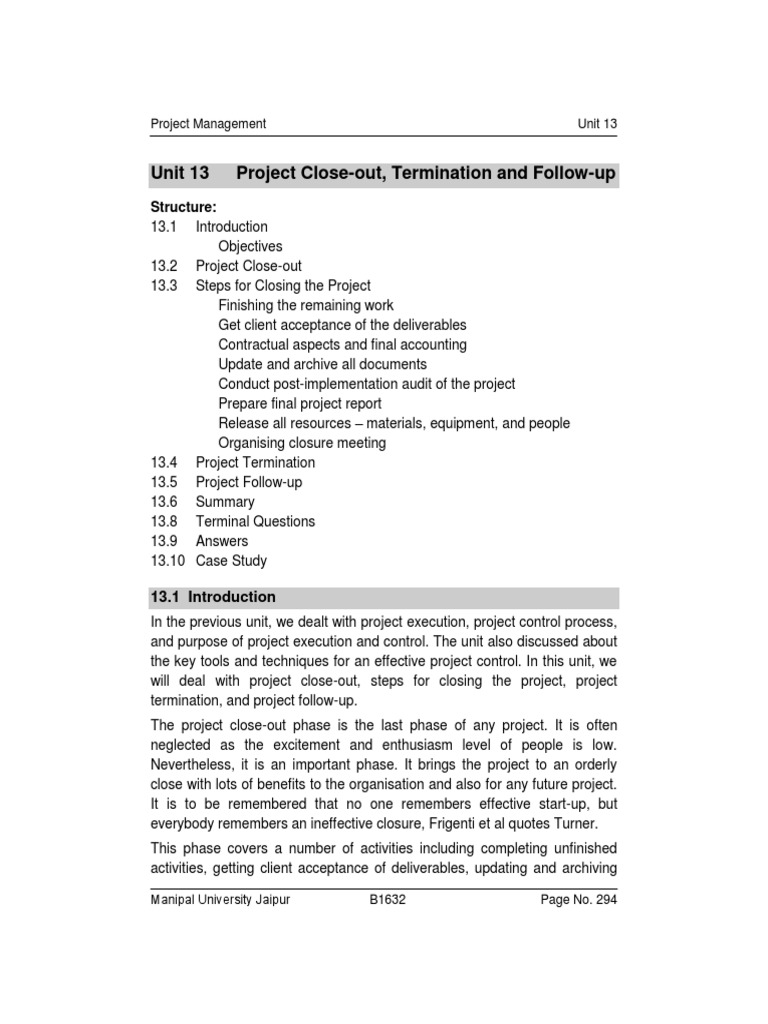 Unit 13 project close out termination and follow up pdf project