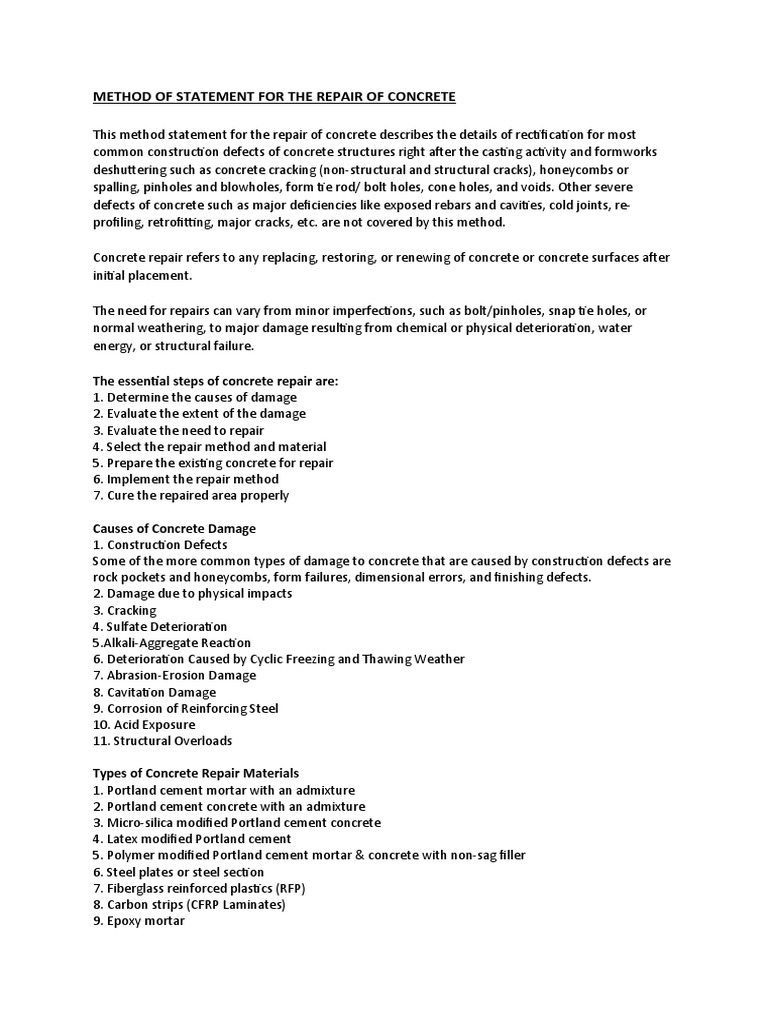 Concrete Repair Method Statement | PDF | Concrete | Safety