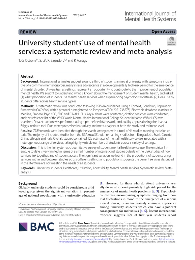 University Students' Use of Mental Health Services: A Systematic Review ...