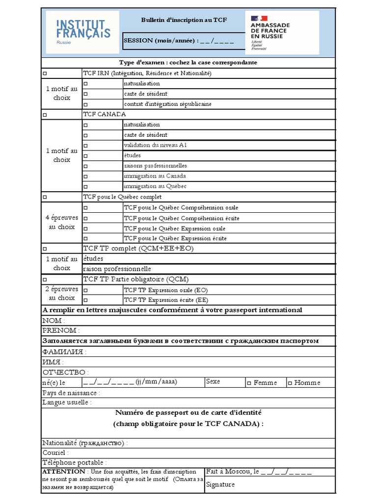 Inscription au TCF pour l'immigration au Canada | PDF