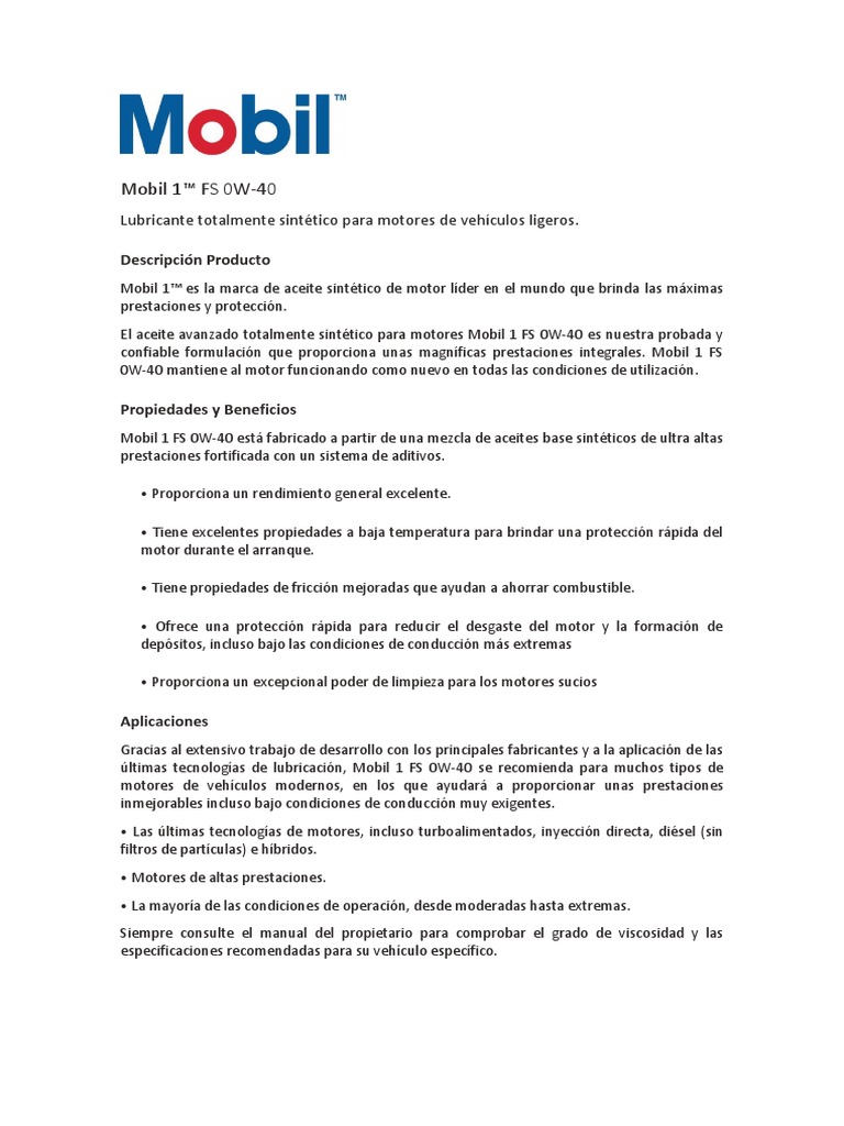 Mobil 1 Fs 0w40 | PDF | Lubricante