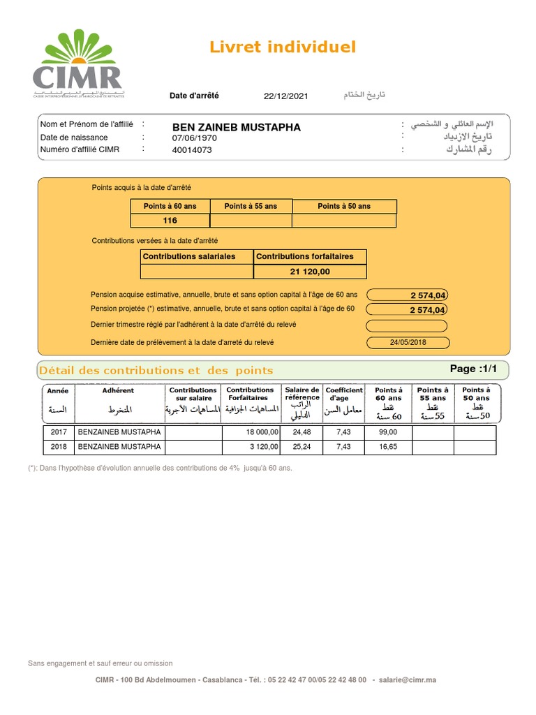 Relevé de Pension CIMR de Ben Zaineb | PDF