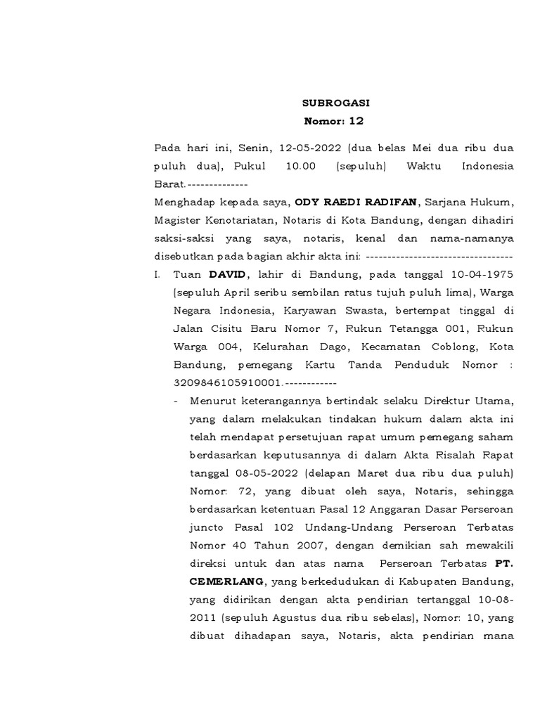 Contoh Akta Subrogasi Notaris | PDF