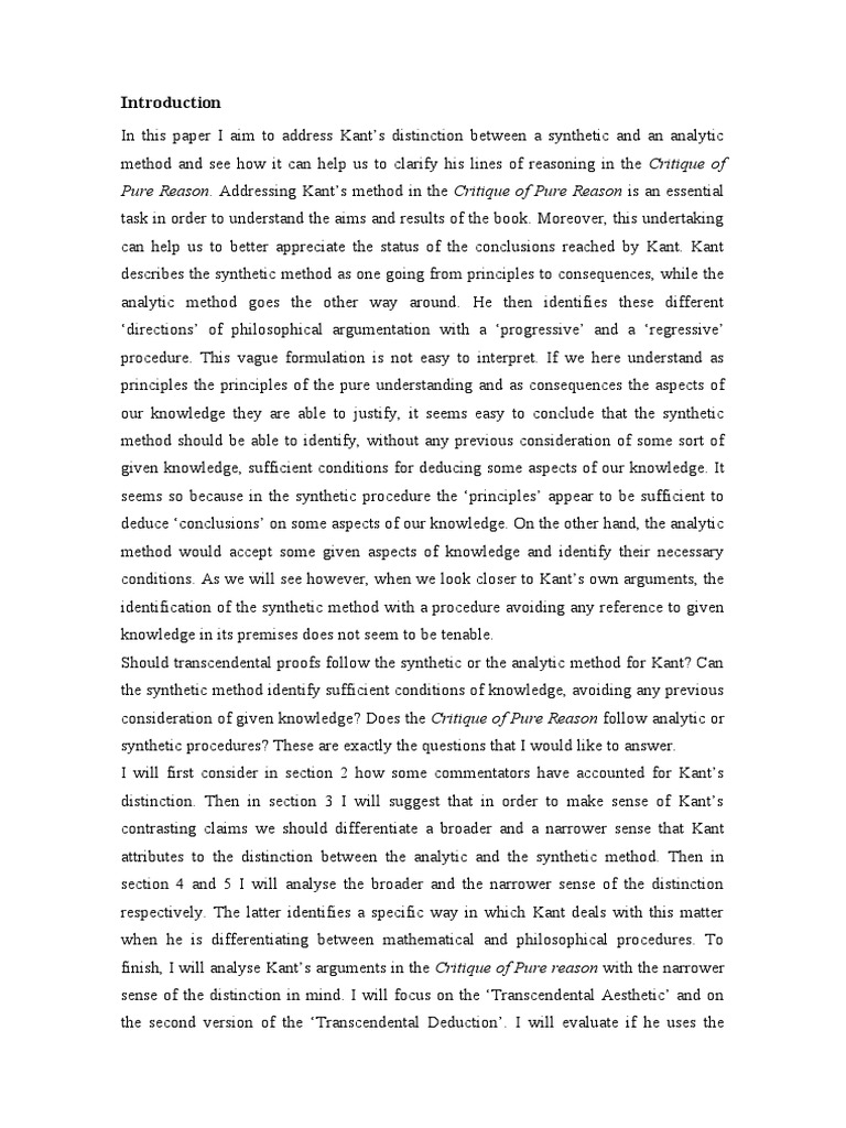 Kant s synthetic and analytic method in pdf critique of pure reason