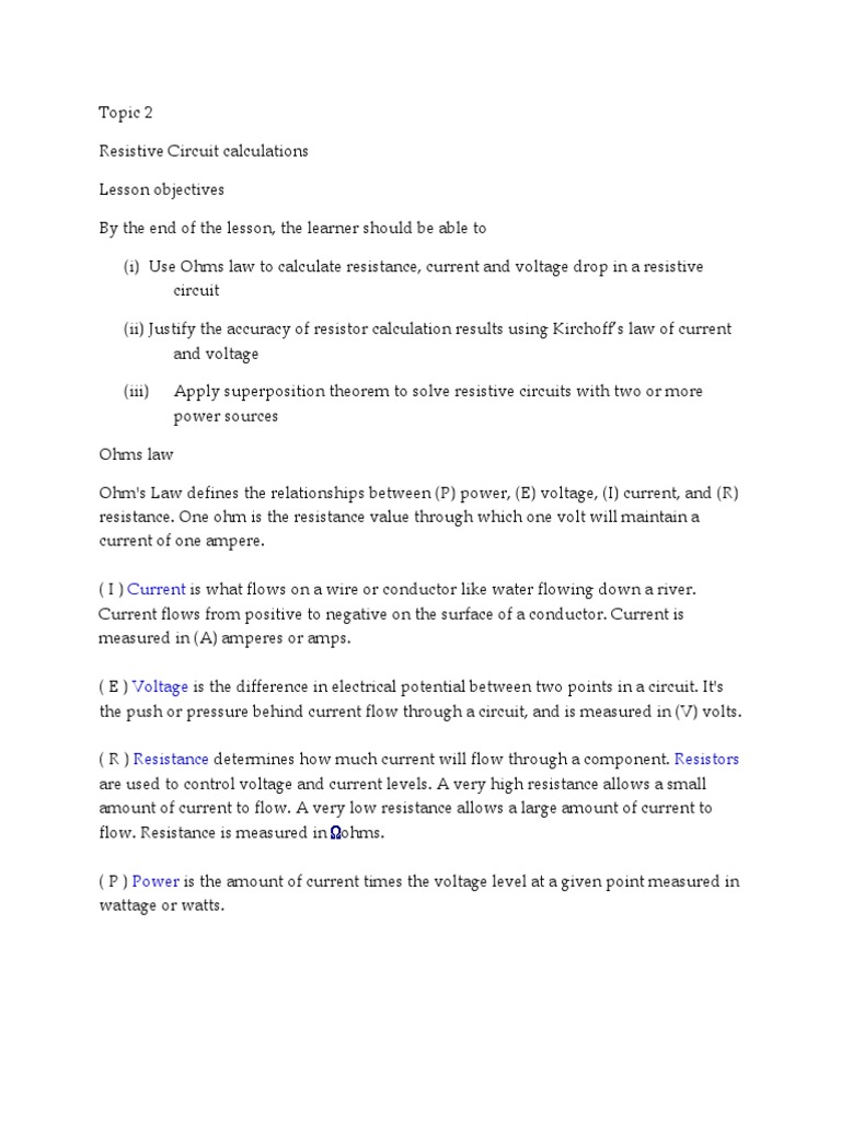 Lesson 2 Resistive Circuit Calculations PDF Electrical Network Electrical Resistance And