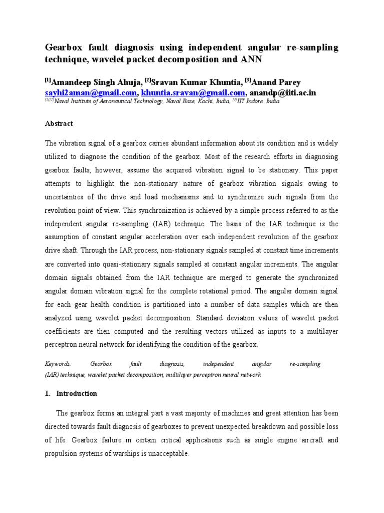 Gearbox Fault Diagnosis Using Independent Angular ReSampling Technique, Wavelet Packet