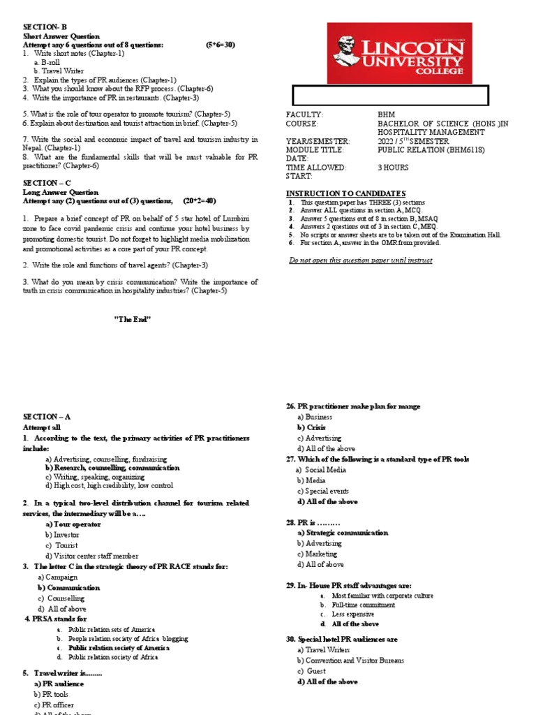 Pre-Board PR Question 2022 | PDF | Public Relations | Tourism
