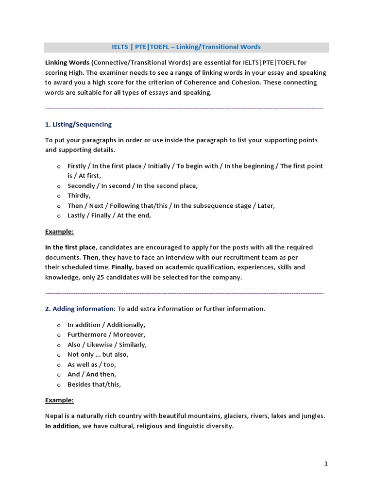 Essential Linking Words for IELTS/PTE/TOEFL | PDF | Essays ...