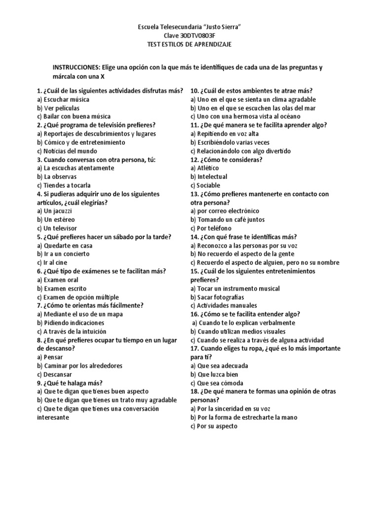 Test Estilos de Aprendizaje | Descargar gratis PDF | Prueba (evaluación)