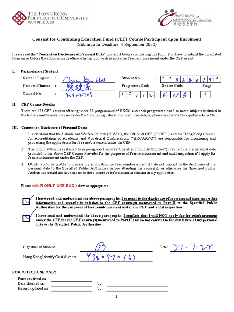 CEF Course Consent Form for Reimbursement | PDF