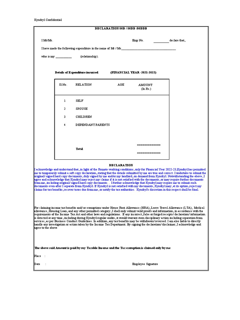 Declaration 80d 80ddb download free pdf taxes expense