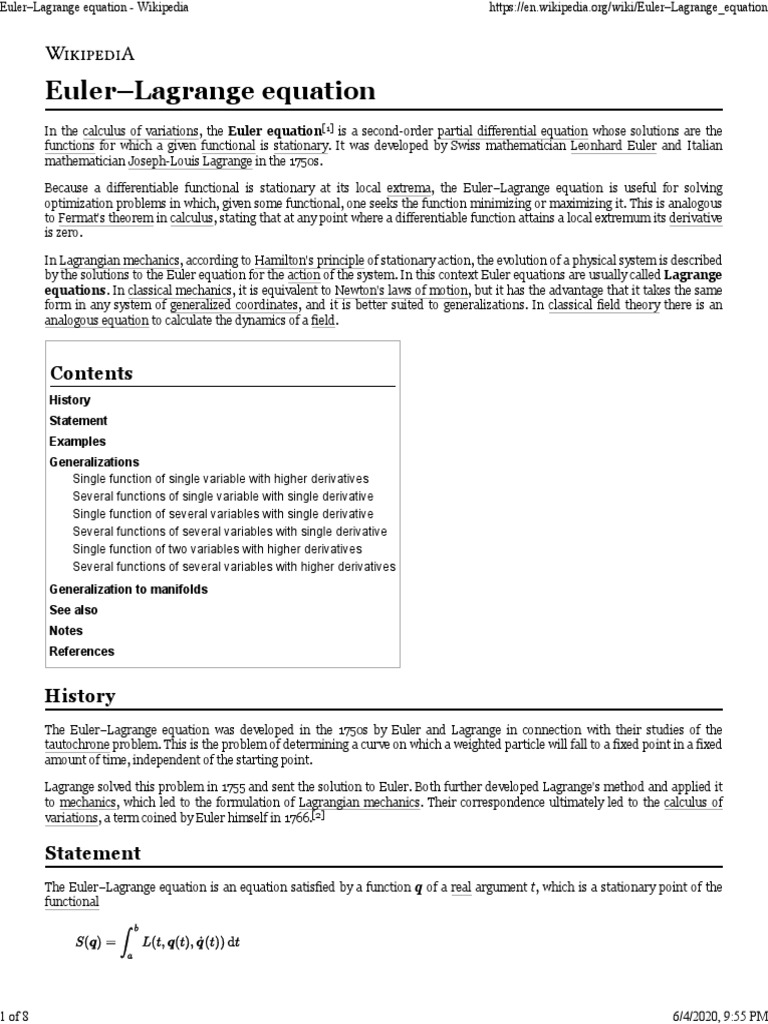 EulerLagrange Equation Wikipedia PDF EulerLagrange Equation