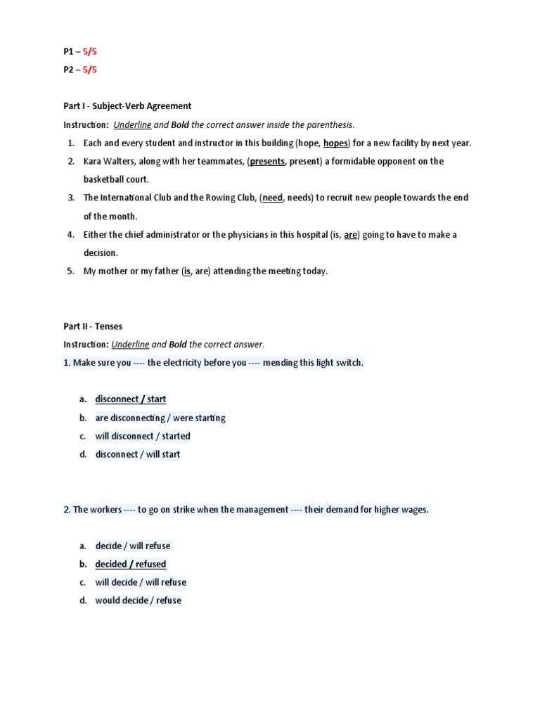 Grammar Tenses And Subject Verb Agreement Practice Test Pdf