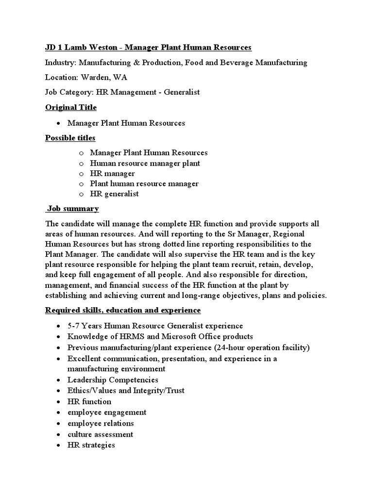 Plant HR Manager Job Description | PDF | Human Resource Management ...