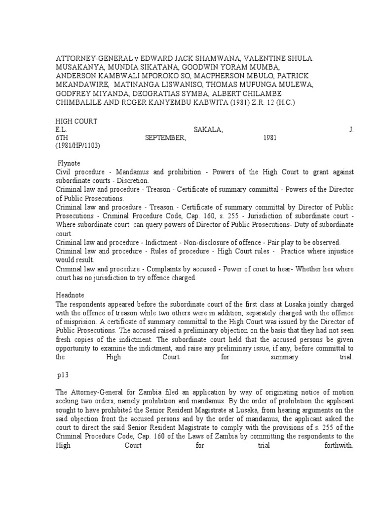 Shamwana v Attorney General Case Review | PDF | Criminal Procedure In ...