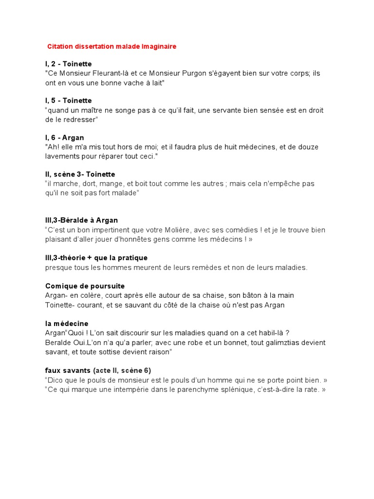 Dissertation Le Malade Imaginaire Citation Dissertation Malade Imaginaire | PDF