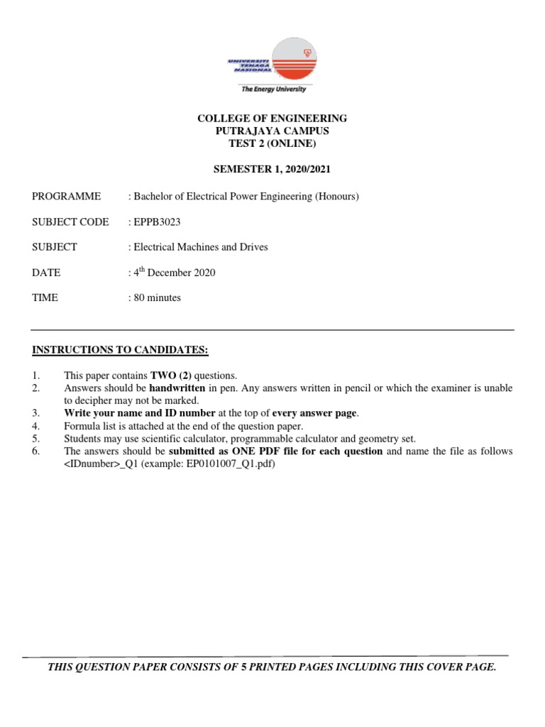 1 EMD Test 2 Sem1 20 21 PDF Electric Motor Quantity