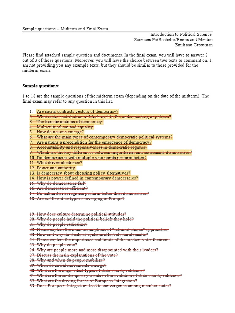 Political Science Exam Sample Questions | PDF | Democracy | Political ...