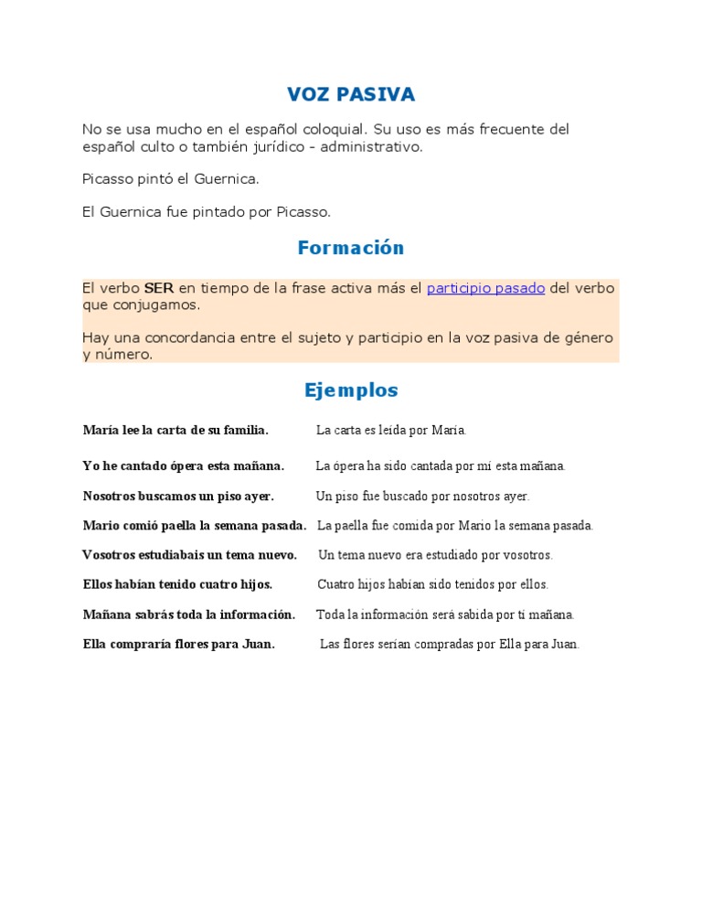 Uso y Formación de la Voz Pasiva en Español | PDF | Artes del Lenguaje ...