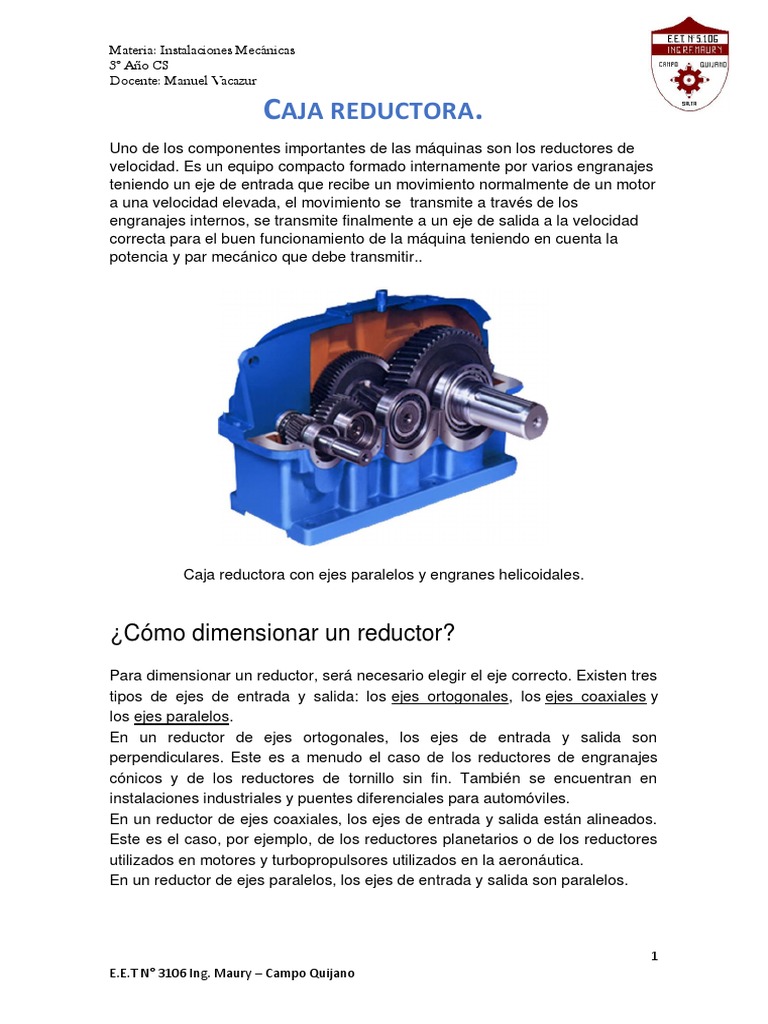 Tipos y Funcionamiento de Cajas Reductoras | PDF | Engranaje | Eje