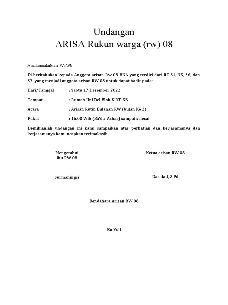 Undangan Arisan RW 08 | PDF