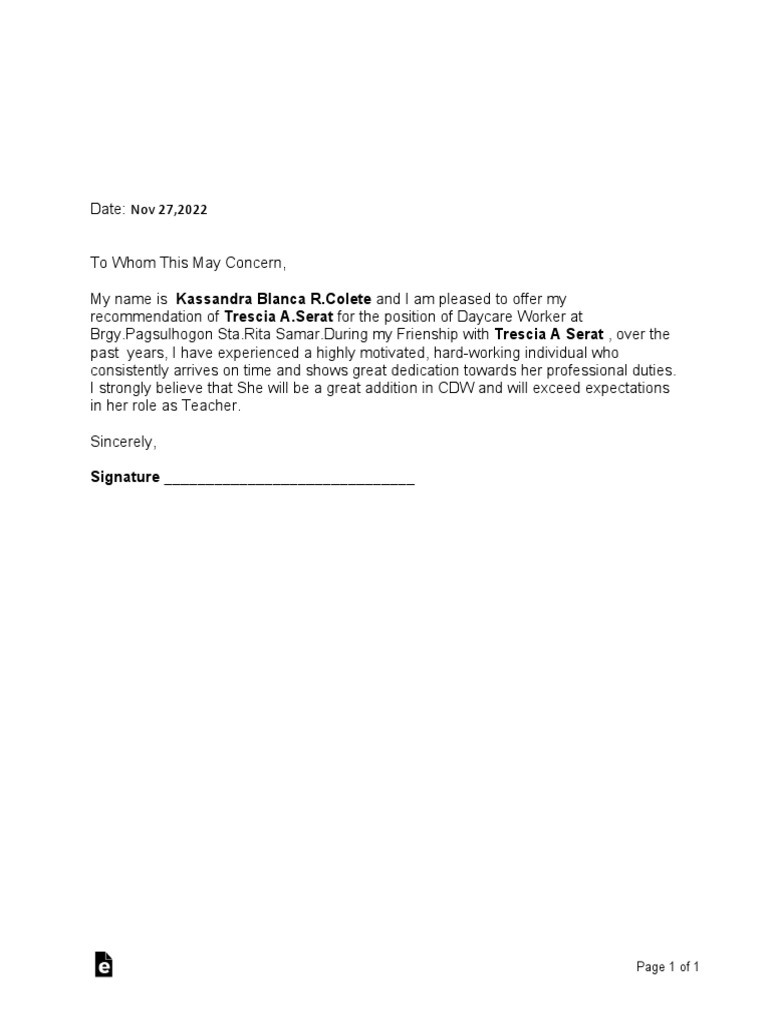 Recommendation Letter For Employment PDF