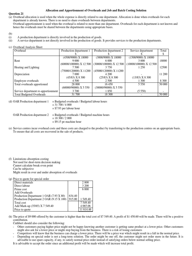 Allocation and apportionment and job and batch costing worked example