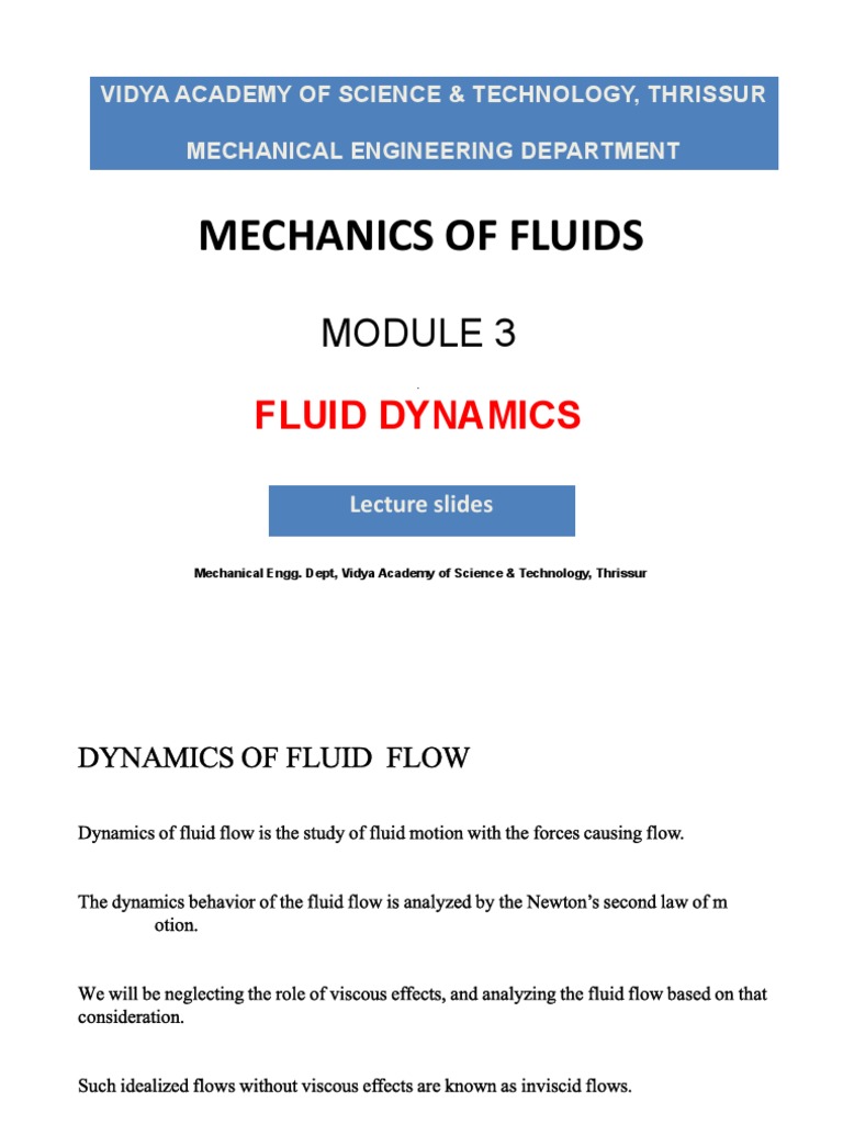 MOF Module 3 Fluid Dynamics Lecture Slides PDF Fluid Mechanics Fluid Dynamics