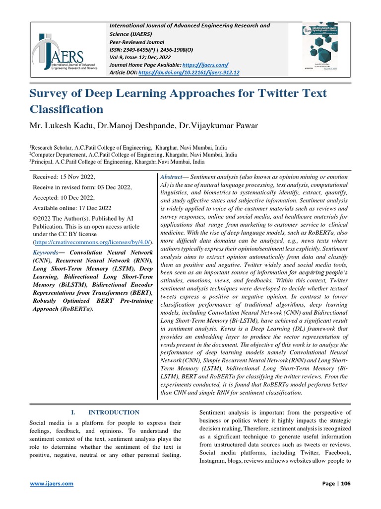 Survey of Deep Learning Approaches For Twitter Text Classification ...