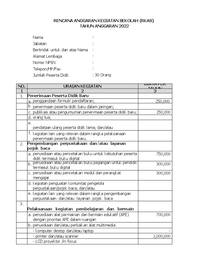 Contoh Rkas 2022 | PDF